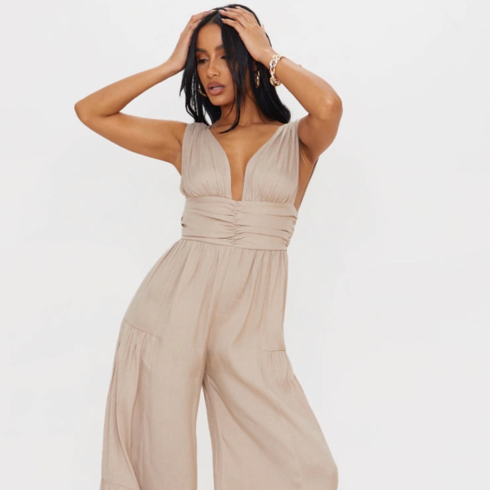 Stone Linen Look Plunge Tiered Wide Leg Jumpsuit